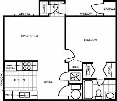 Floor plan for 1 bed, 1 bath, 607 sqft